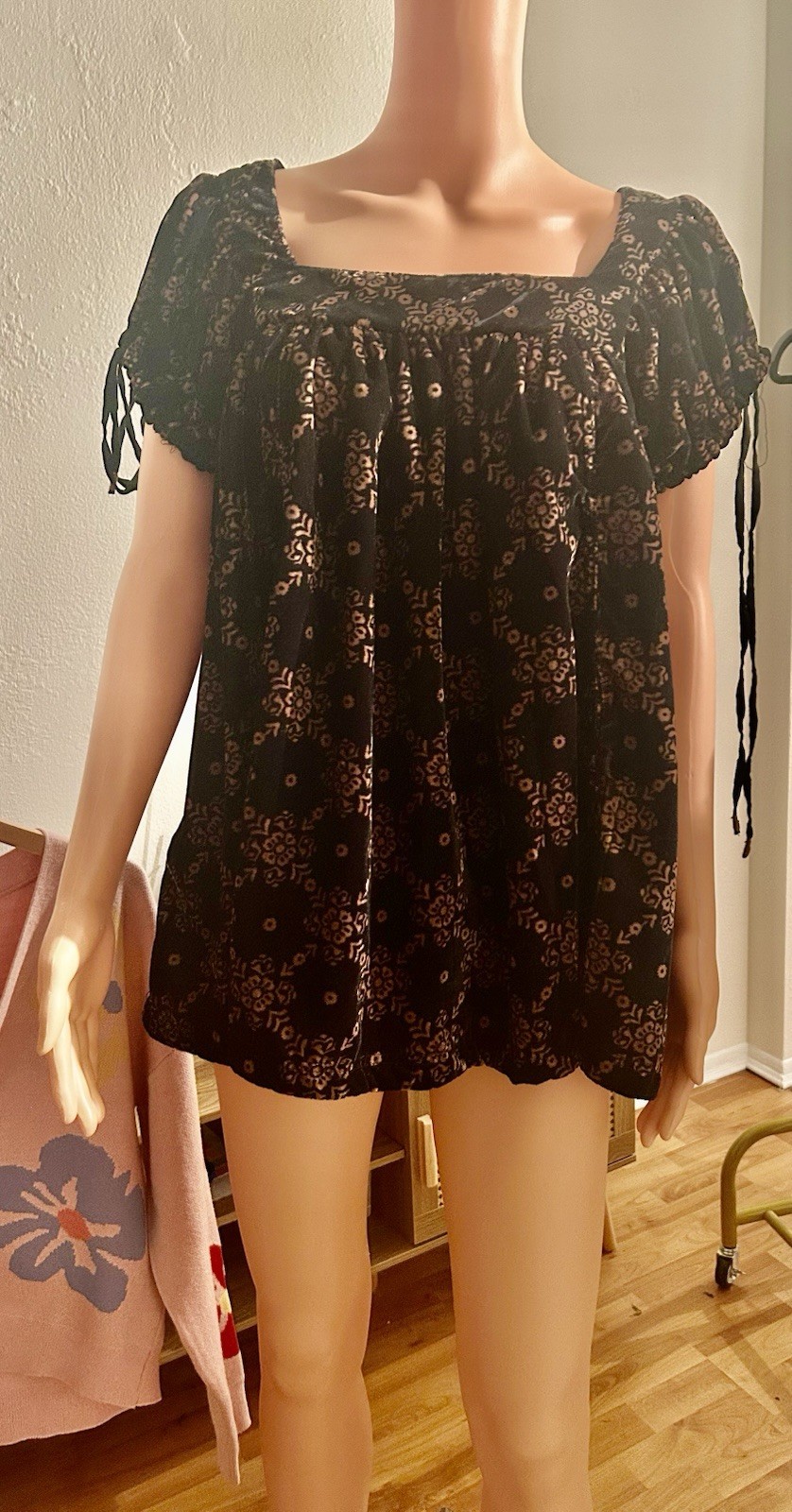 Black Beige Floral Square Neck Tie Short Sleeve Pullover Blouse Size S