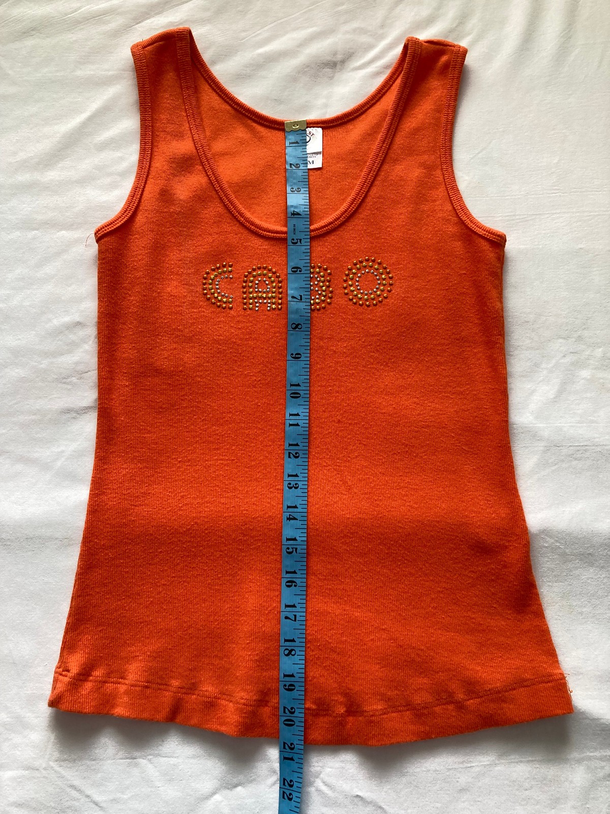 Vtg Orange Ribbed Cotton Sleeveless Tank Top Crew Neck Slim Fit Embellished Sz M