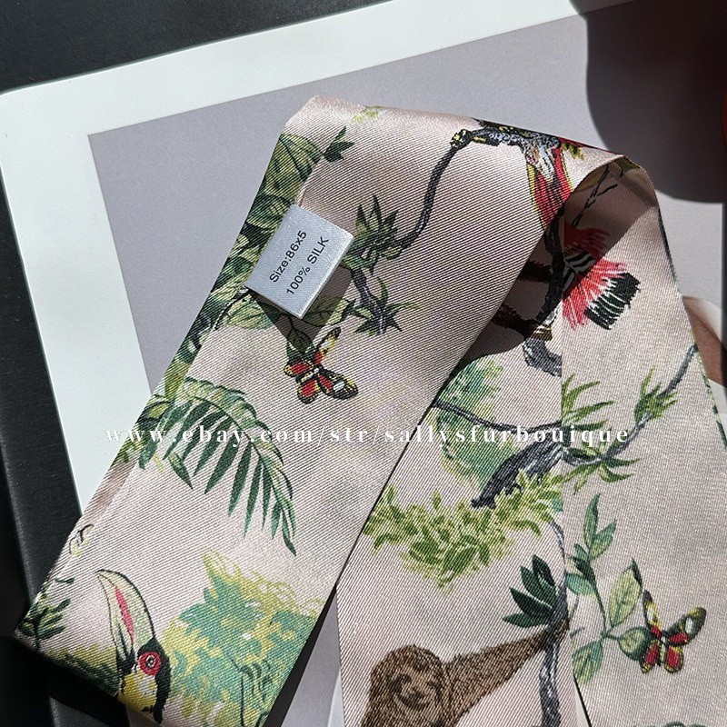 Sallys 100% Twill Silk Scarf Ribbon Jungle Print Bag Head Band Neck Tie 85x5cm