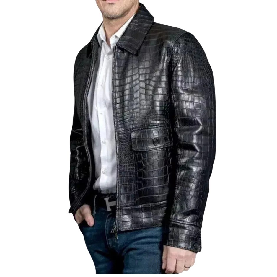 Men’s Black Real Leather Crocodile Embossed Biker Jacket Alligator Print Coat