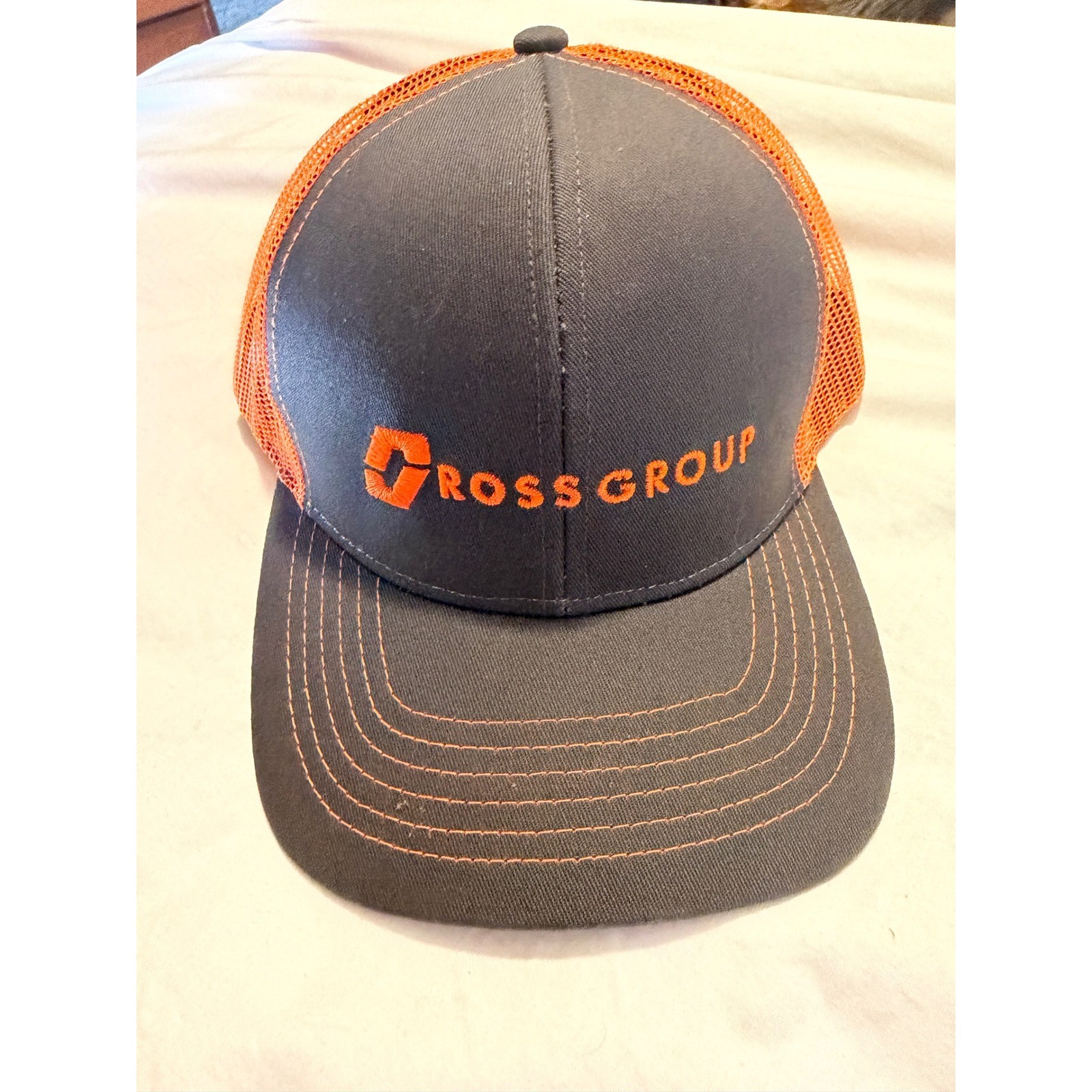 Gross Group Trucker Hat Mens Charcoal Grey Orange Mesh Snapback Cap Logo