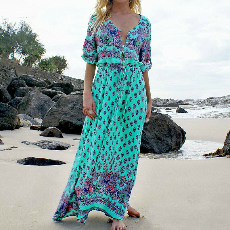 Women’s Casual Sundress Boho Beach Slit Long Maxi Floral Summer Beach Dress