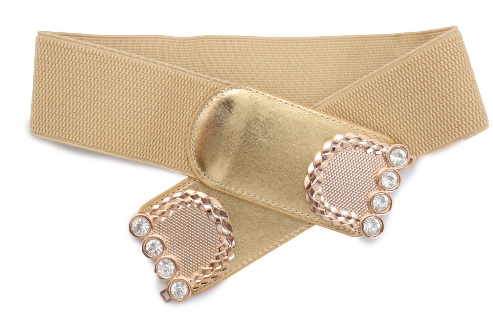 Women Gold Color Elastic Waistband Fabric Strap Fashion Belt Metal Buckle S M