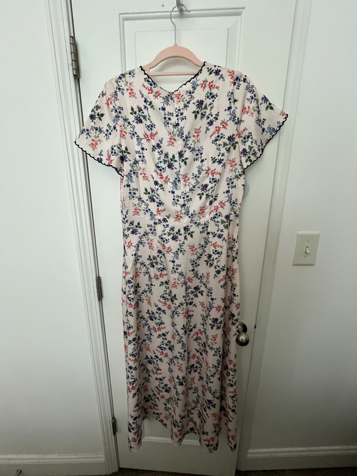Hill House Home Brie Dress Midi Tea Length V Neck Pink Scallop Bow Chintz Size L