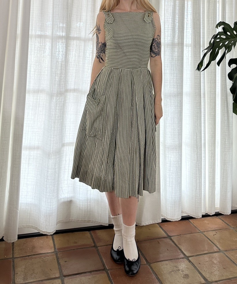 Vintage 50s 60s Olive Striped Summer Day Dress 25” Waist 1950s