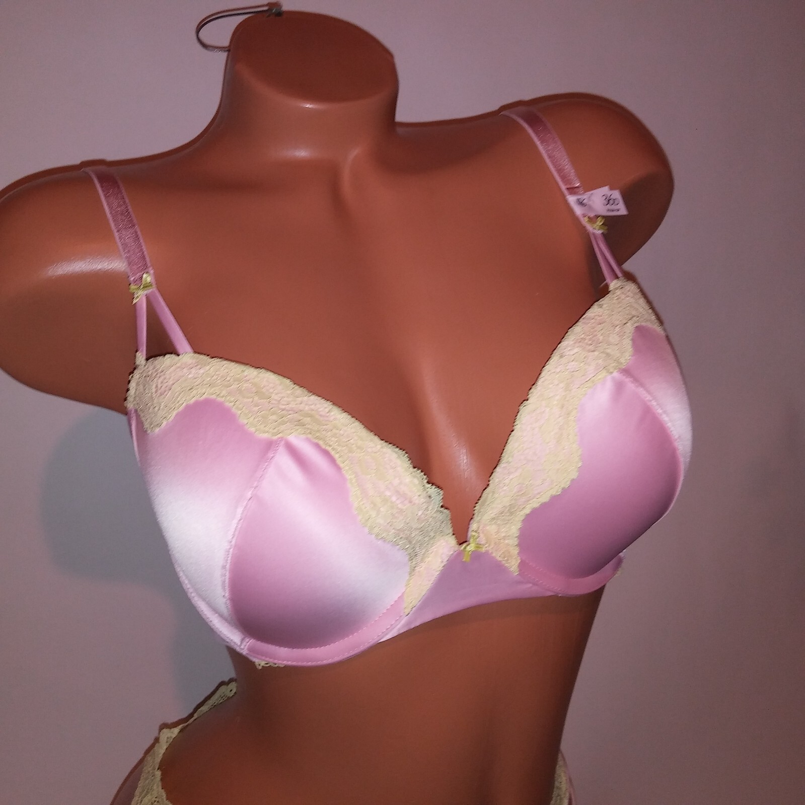 Victoria Secret Bra Set Tease Push Up Cheeky Panty Pink Yellow Lace Trim New