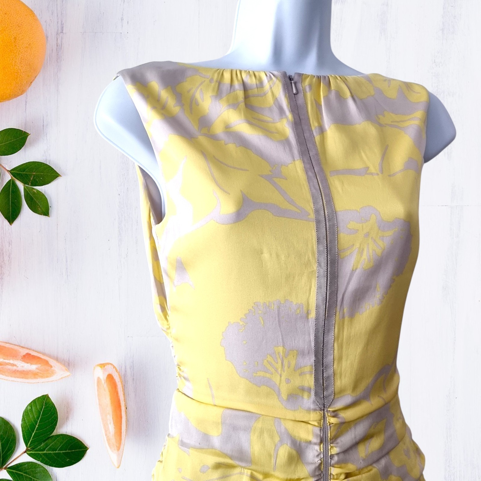COAST Silk Yellow Grey Layered Ruffle Pencil Dress UK 8 Wedding Ascot Race Party