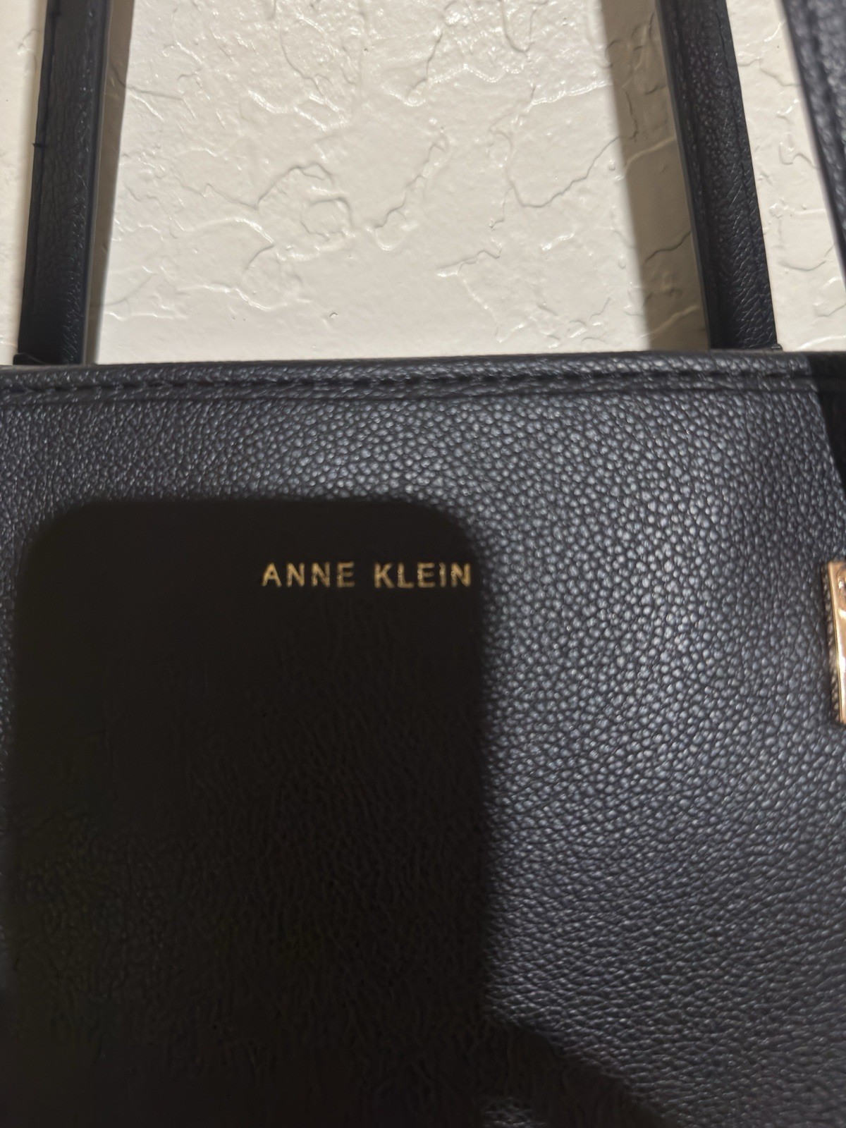 Anne Klein Women’s Work Tote Bag Black Pebbled Faux Leather Gold Hardware Purse￼