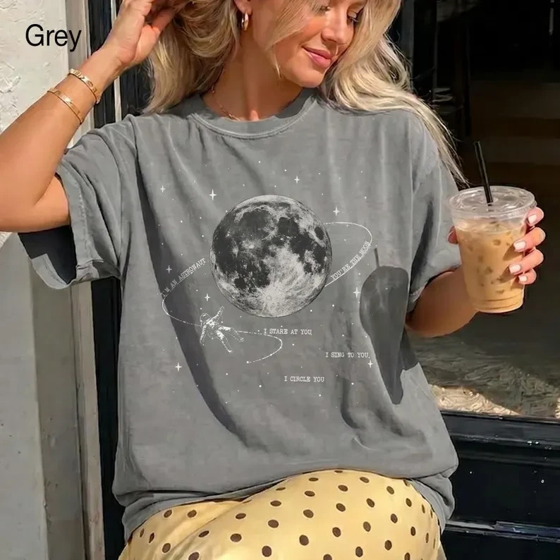 Vintage Astronaut Moon Graphic Tee Retro Space Explorer Indie Folk Style Shirt