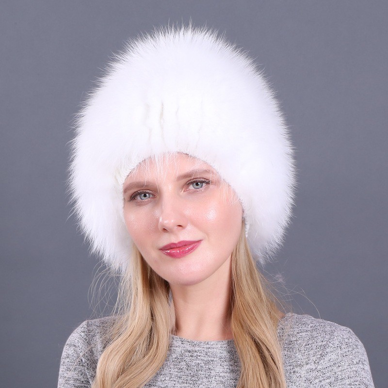 Winter Women Warm Rabbit Fur Fox Fur Hat Outdoor Fluffy Knitted Hat Cap