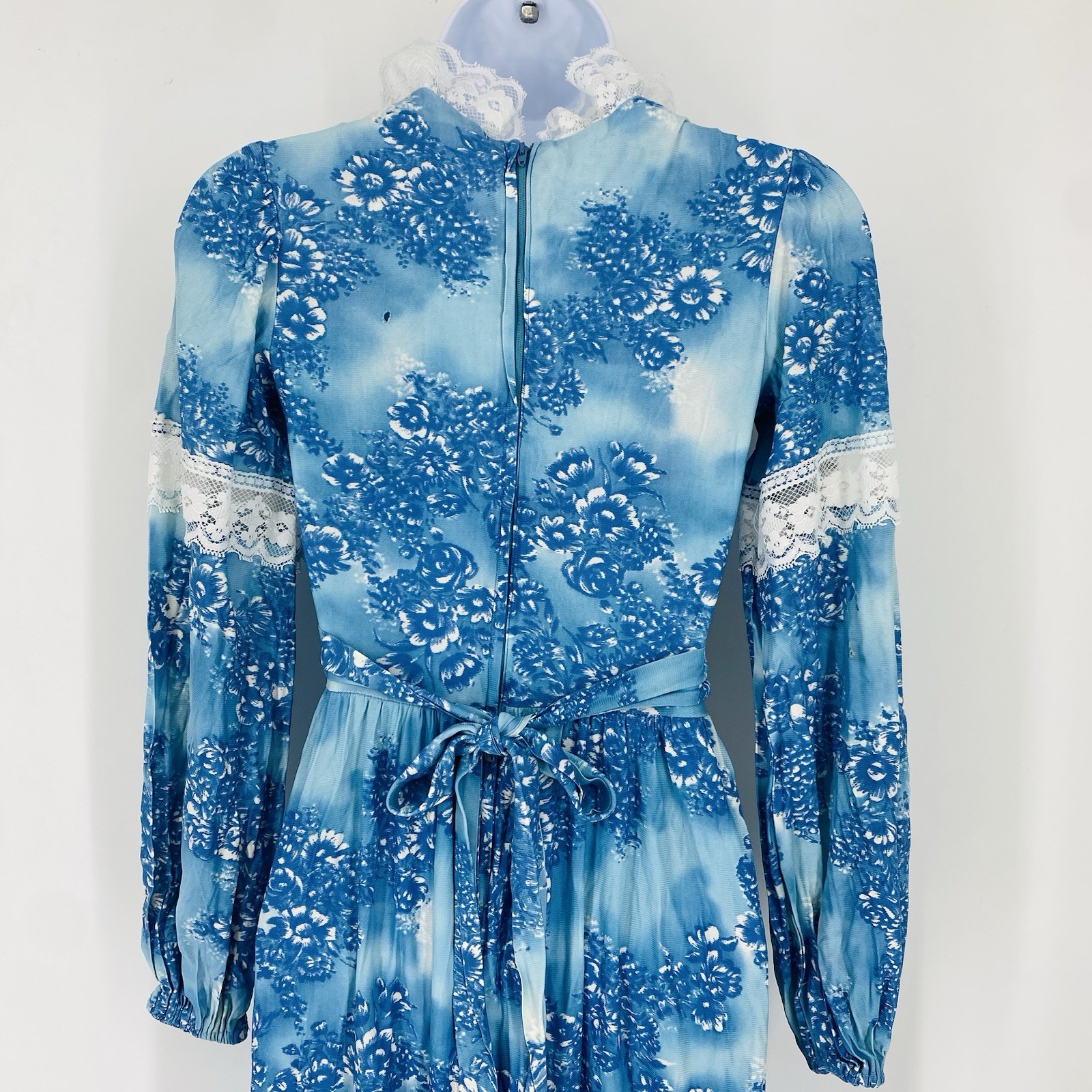 Vintage 70s Blue Floral Maxi Dress Victorian Prairie Edwardian Style Small Beach