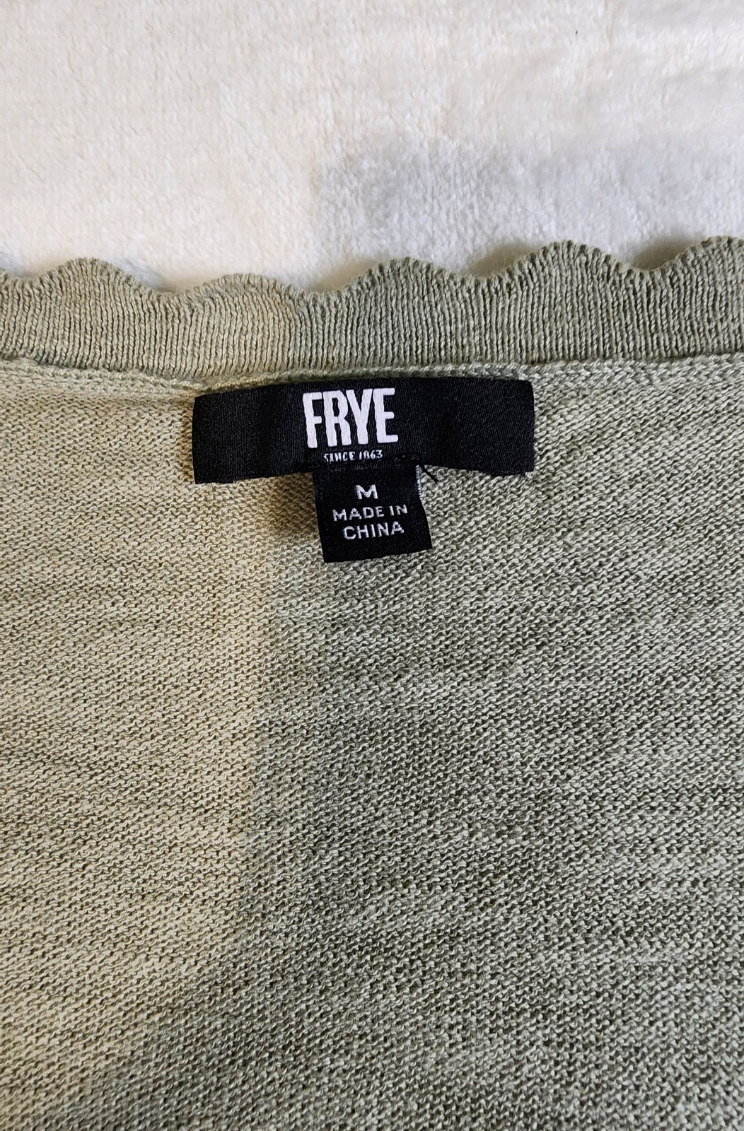 Frye Button Up Pointelle Scalloped Neckline Cardigan, Green, Size Medium