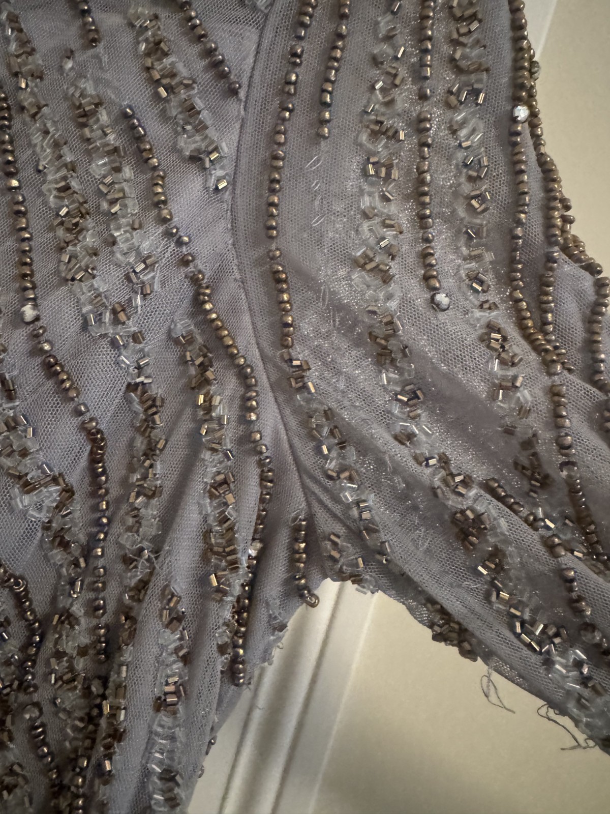 Mac Duggal Long Beaded Dress in Platinum with Gold Beads, size 10, $598