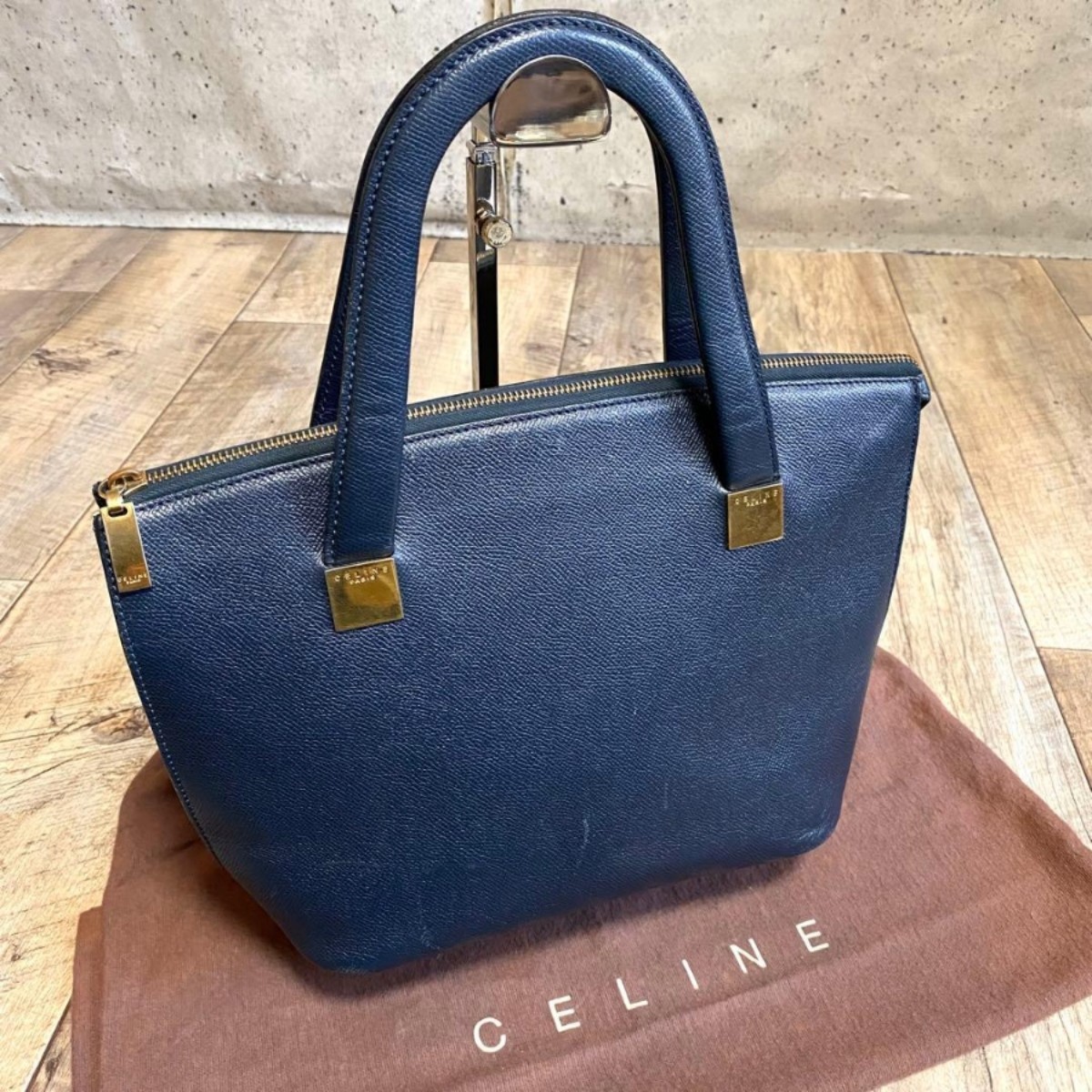 CELINE Authentic Vintage Navy Leather Tote Handbag Gold Logo Zip Top Bag