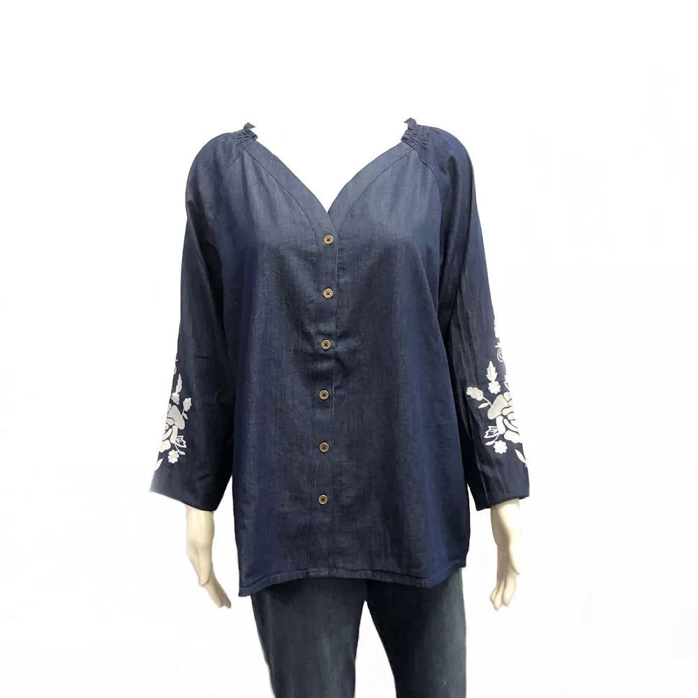 The Skyline Collection Women’s Embroidered Denim Blouse in Blue – Medium