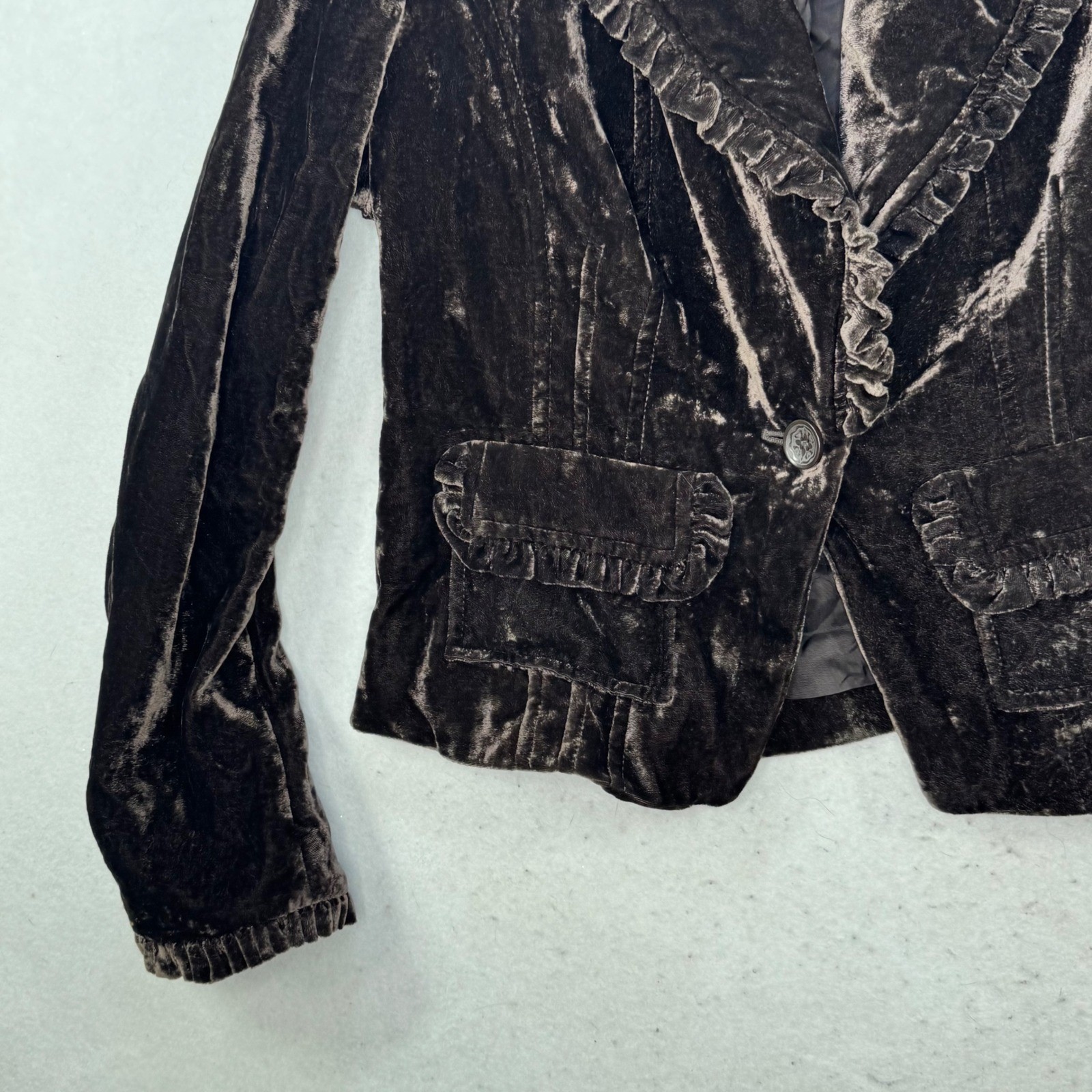 INC Velvet Blazer Womens Medium Brown Ruffle Trim Victorian Goth Jacket