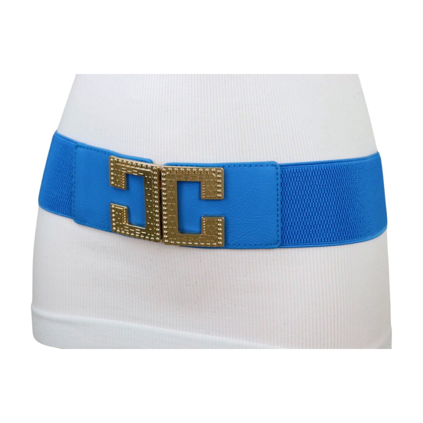 Women Blue Elastic Wide Fashion Belt Hip High Waist Gold Metal C Buckle Size S M
