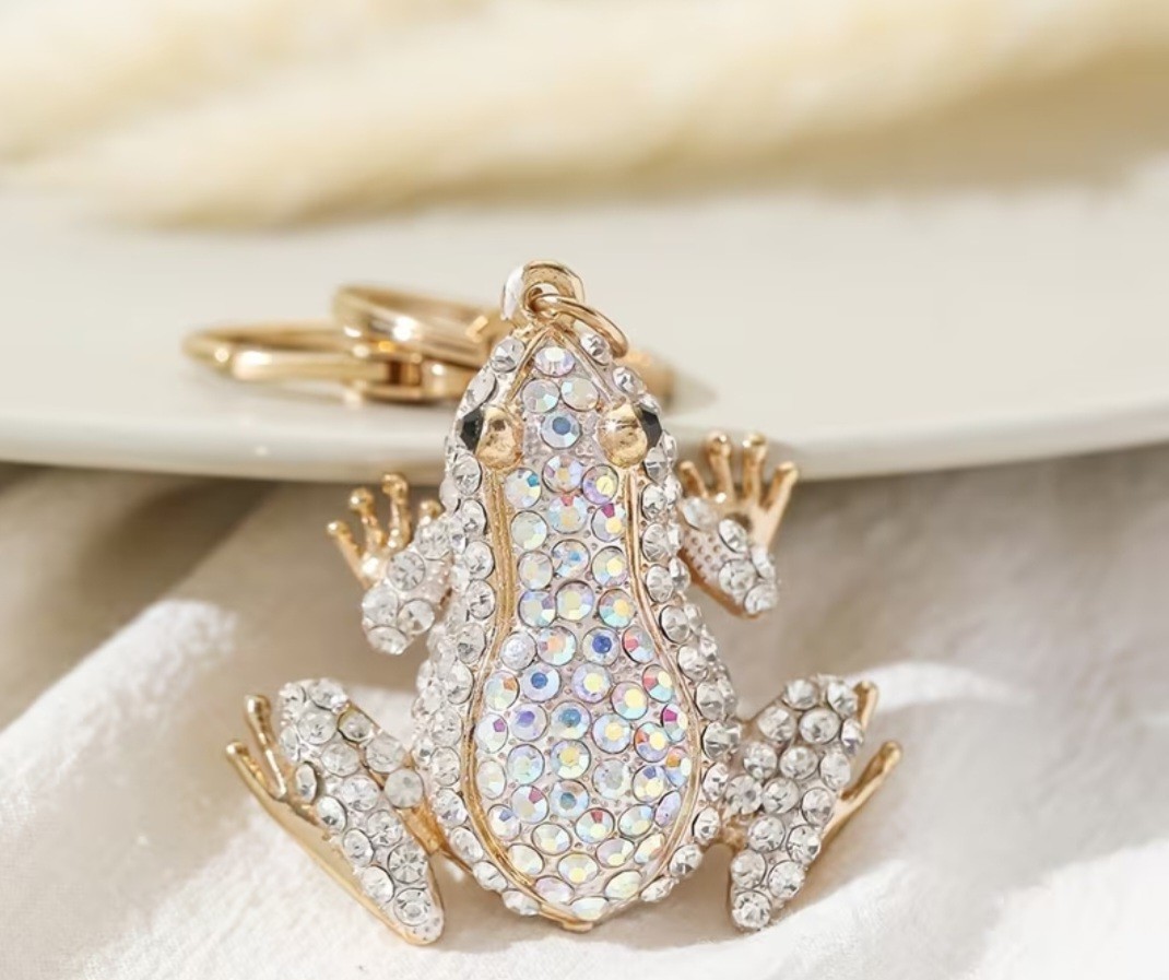 White Crystal Stone and Gold Tree Frog Keychain Keychain Bag Charm Purse