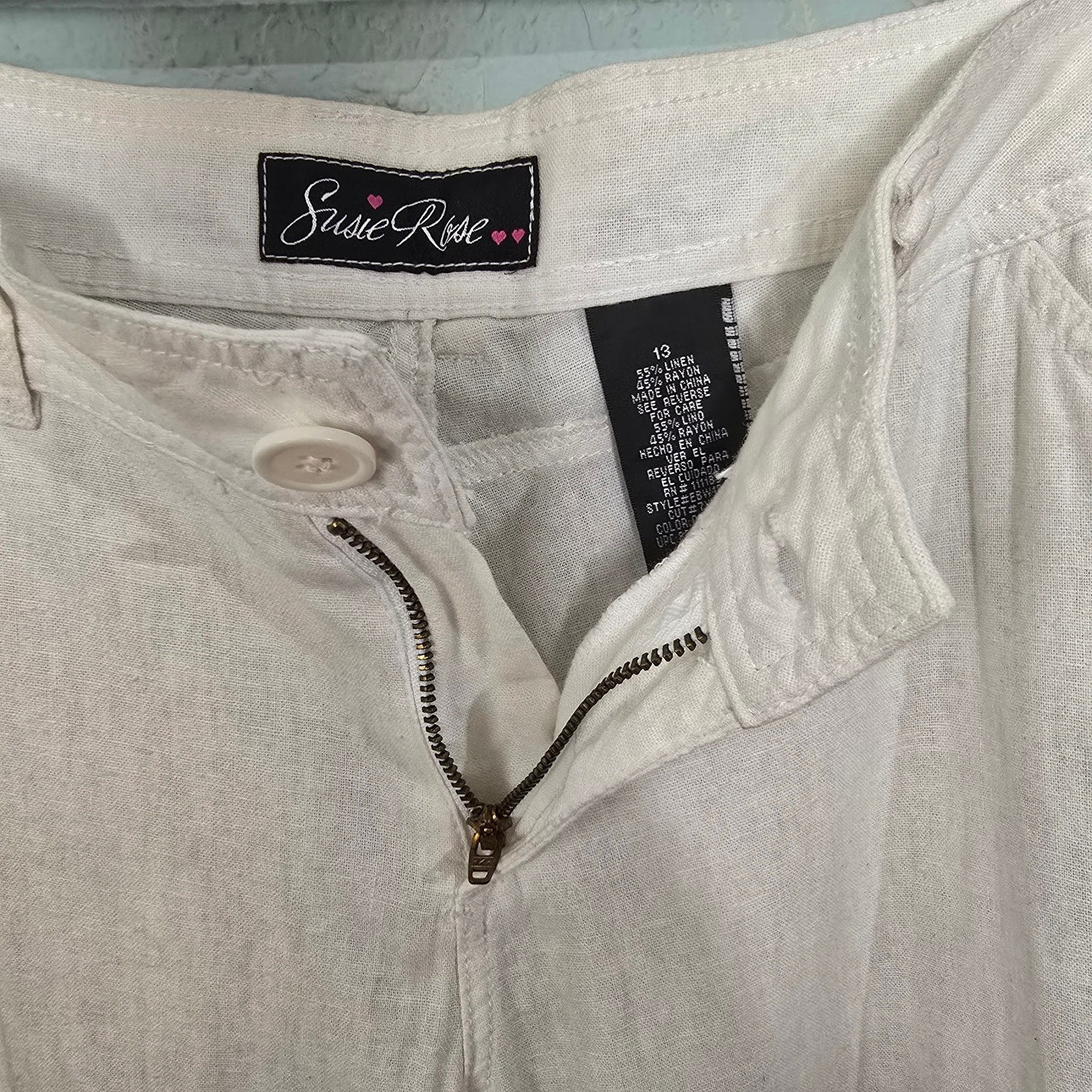 Susie Rose Linen Blend Pants Juniors 13 Cream Straight Leg Casual Summer Coastal