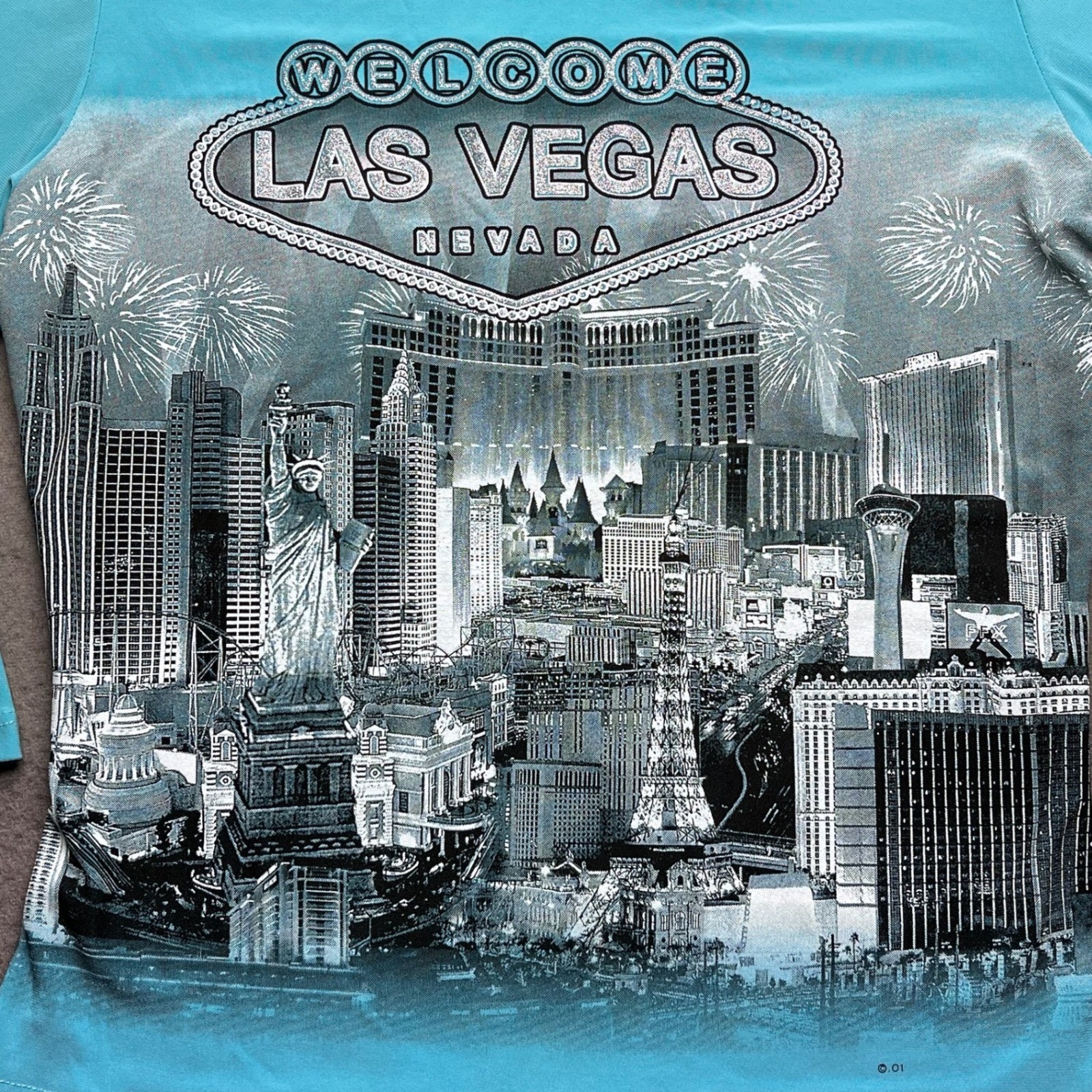 Las Vegas Women Graphic Top Polyester Spandex Large Y2K Souvenir Turquoise