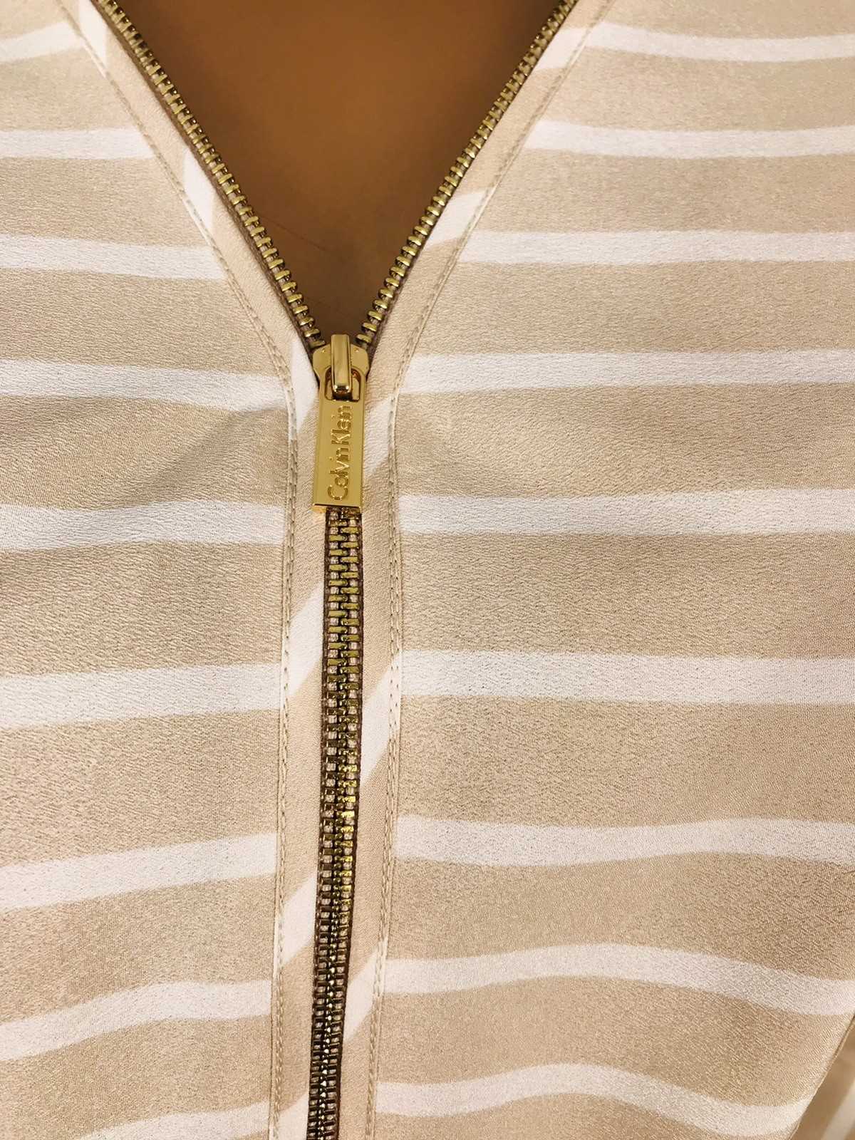 Calvin Klein XL Top Striped CK Logo 1/2 Zip Up Shirt Blouse Low Cut Silky Sheer
