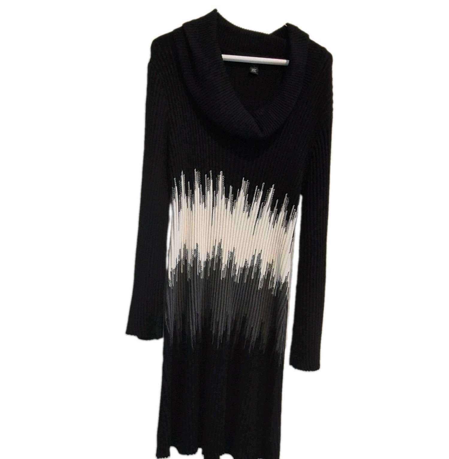 Women’s Black White Gray Abstract Ribbed Knit Cowl Neck Sweater Dress L