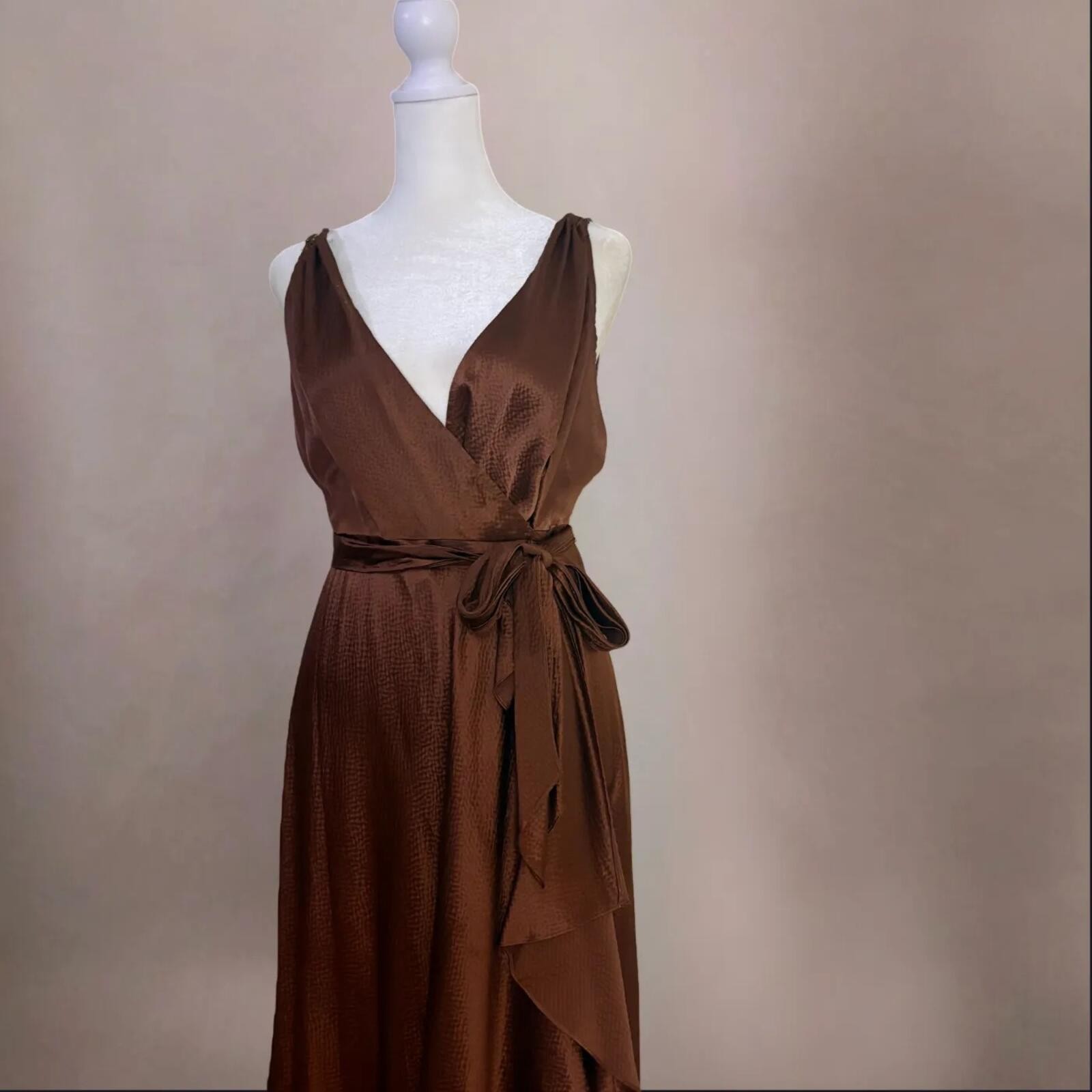 BCBG Copper Brown 100% Silk Wrap Beaded Ruffle Gown