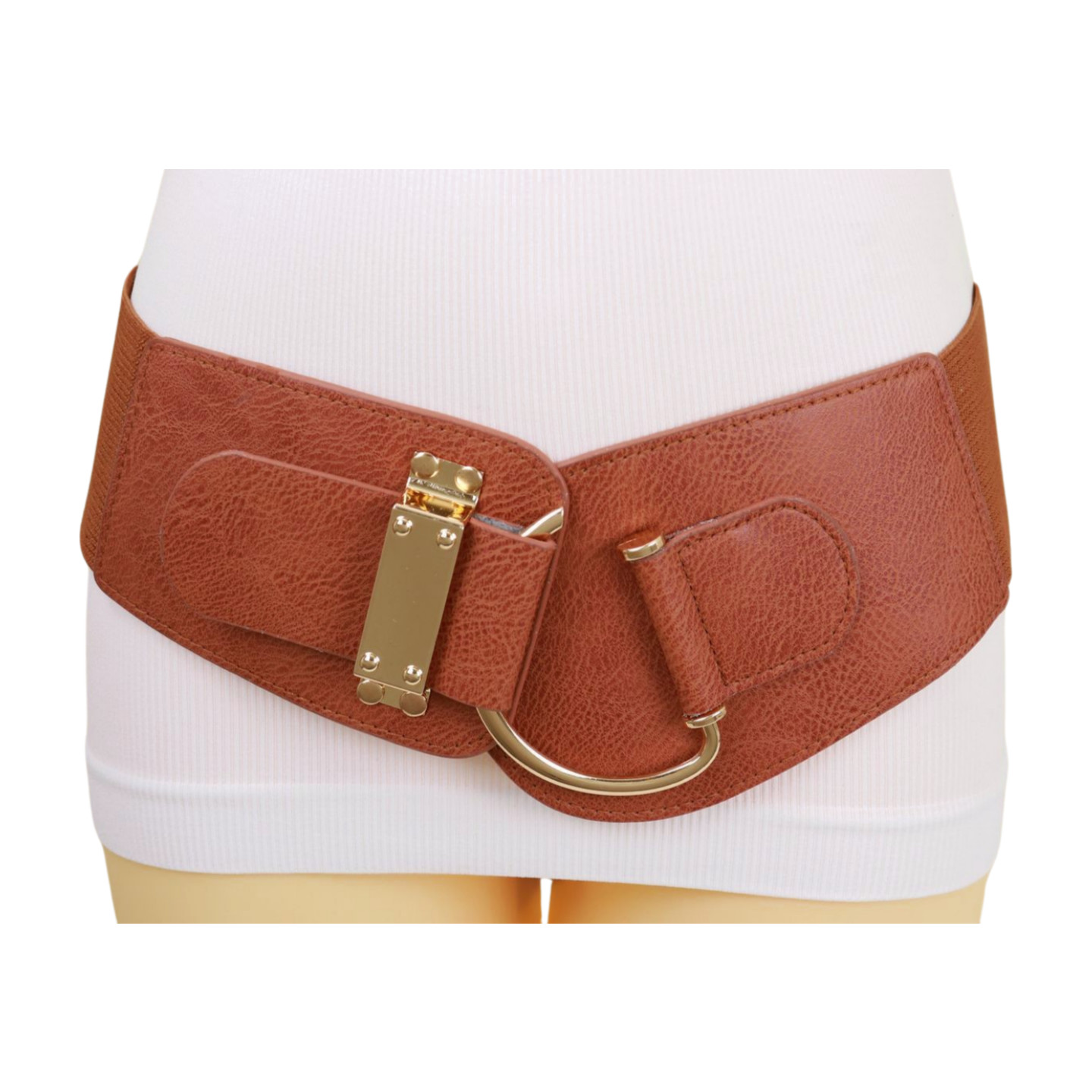 Women Hip High Waist Hook Buckle Chocolate Brown Color Elastic Band Belt M L