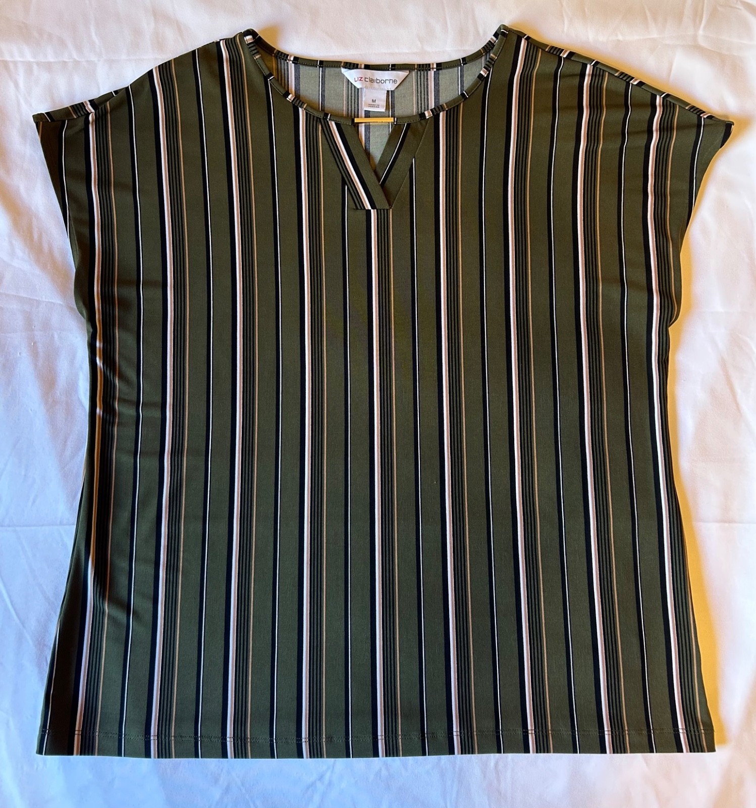 liz claiborne top medium striped blouse army green