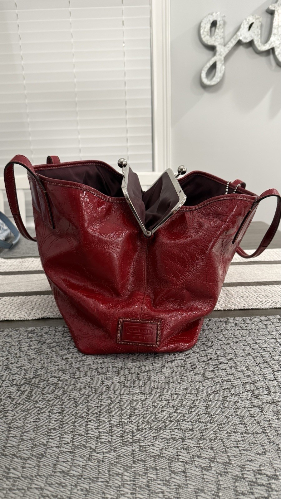 Coach Red Logo Satchel/Top Handle Bag Silver Hardware Kiss Lock Snap Charm