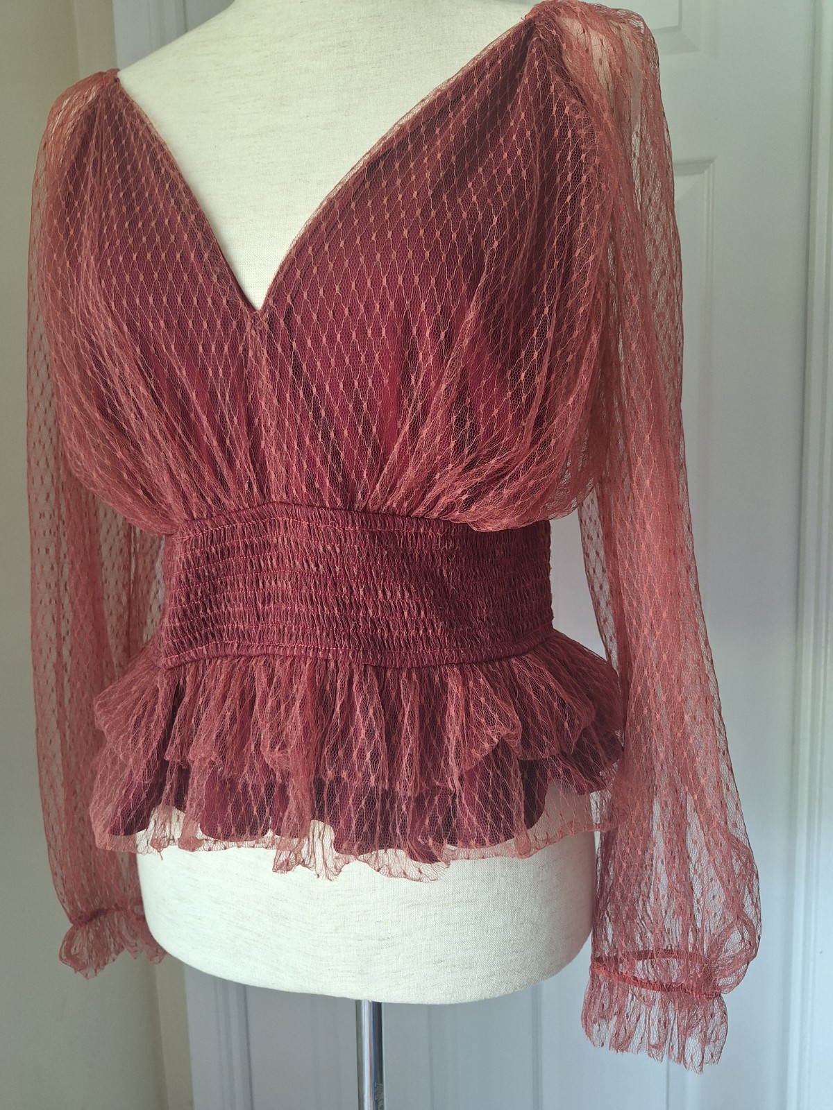 Anthropologie Tulle V-neck Mesh Puff Sleeve Sheer Smocked Blouse Size 1X Whimsy