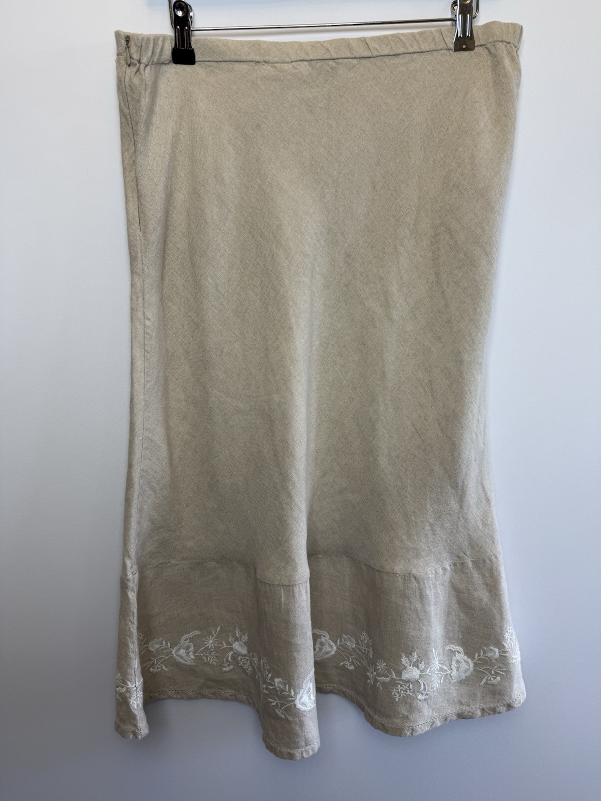Orvis 100% Linen Skirt UK 12 Beige Elasticated Waist Embroidered Hem Summer