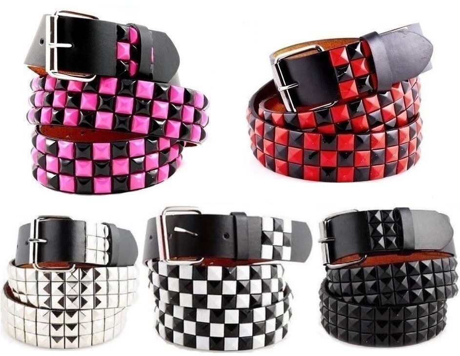 Studded Leather Belt Mens Womens Unisex 3-Rows Metal Pyramid Punk Rock Goth Emo