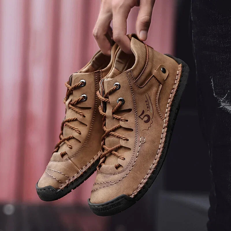 Men Hand Stitched Leather Walking Shoes Lace Up Non Slip Casual Outdoor Sneakers