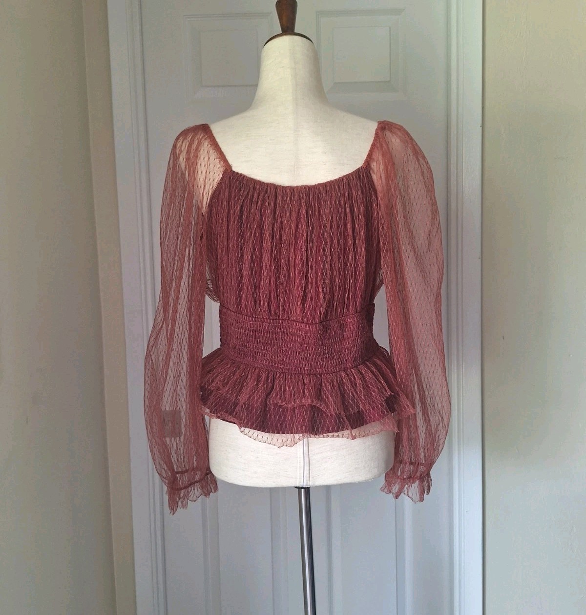 Anthropologie Tulle V-neck Mesh Puff Sleeve Sheer Smocked Blouse Size 1X Whimsy