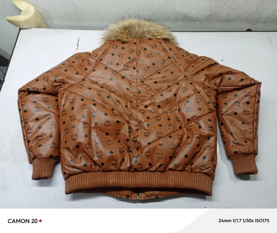MCM Cognac Monogram Leather Puffer Jacket w/ Fur Collar + Matching Hat