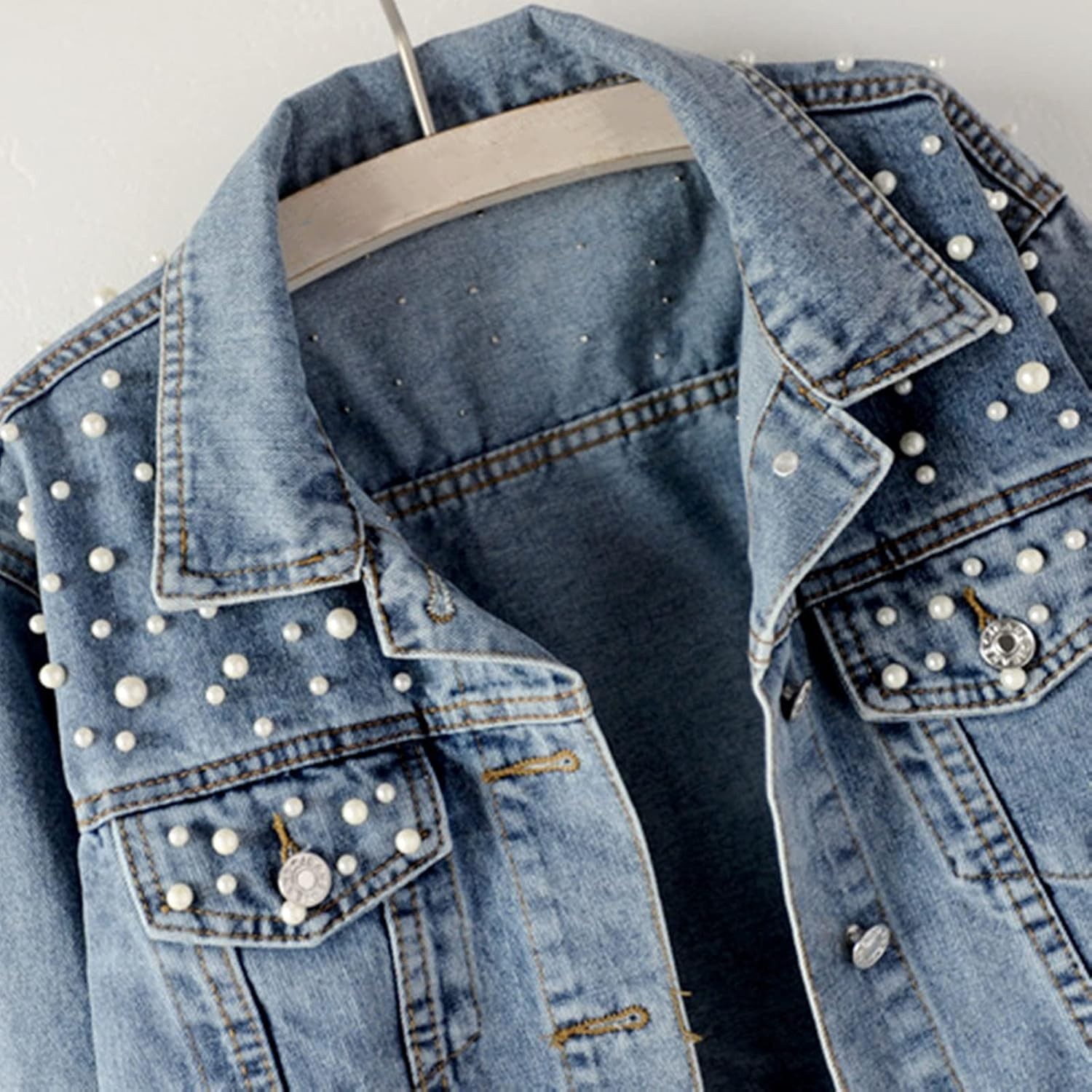 Oversize Pearl Embroidered Ripped Distressed Women Denim Jacket Casual Long Slee
