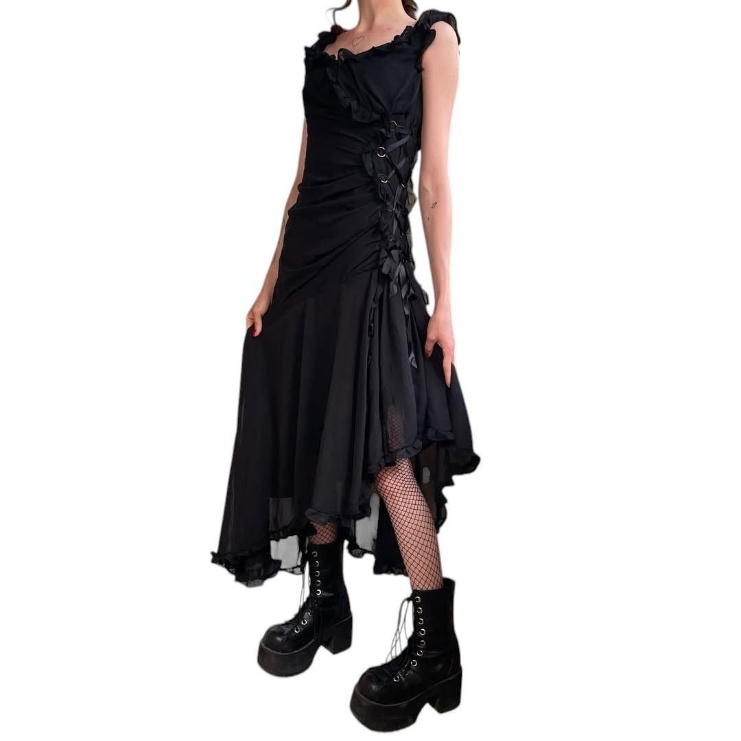 Vintage Whimsigoth Black Midi Dress Side Lace Up Corset Ribbon Ruffle Hem XXS XS