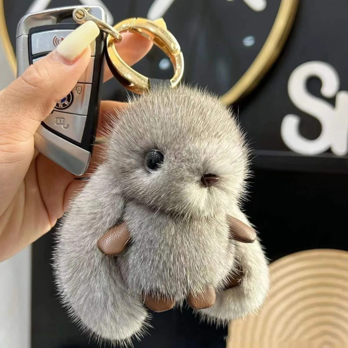 1Pc Cute Fluffy Rabbit Keychain Ring Plush Pompon Bunny Bag Pendant for Couple C