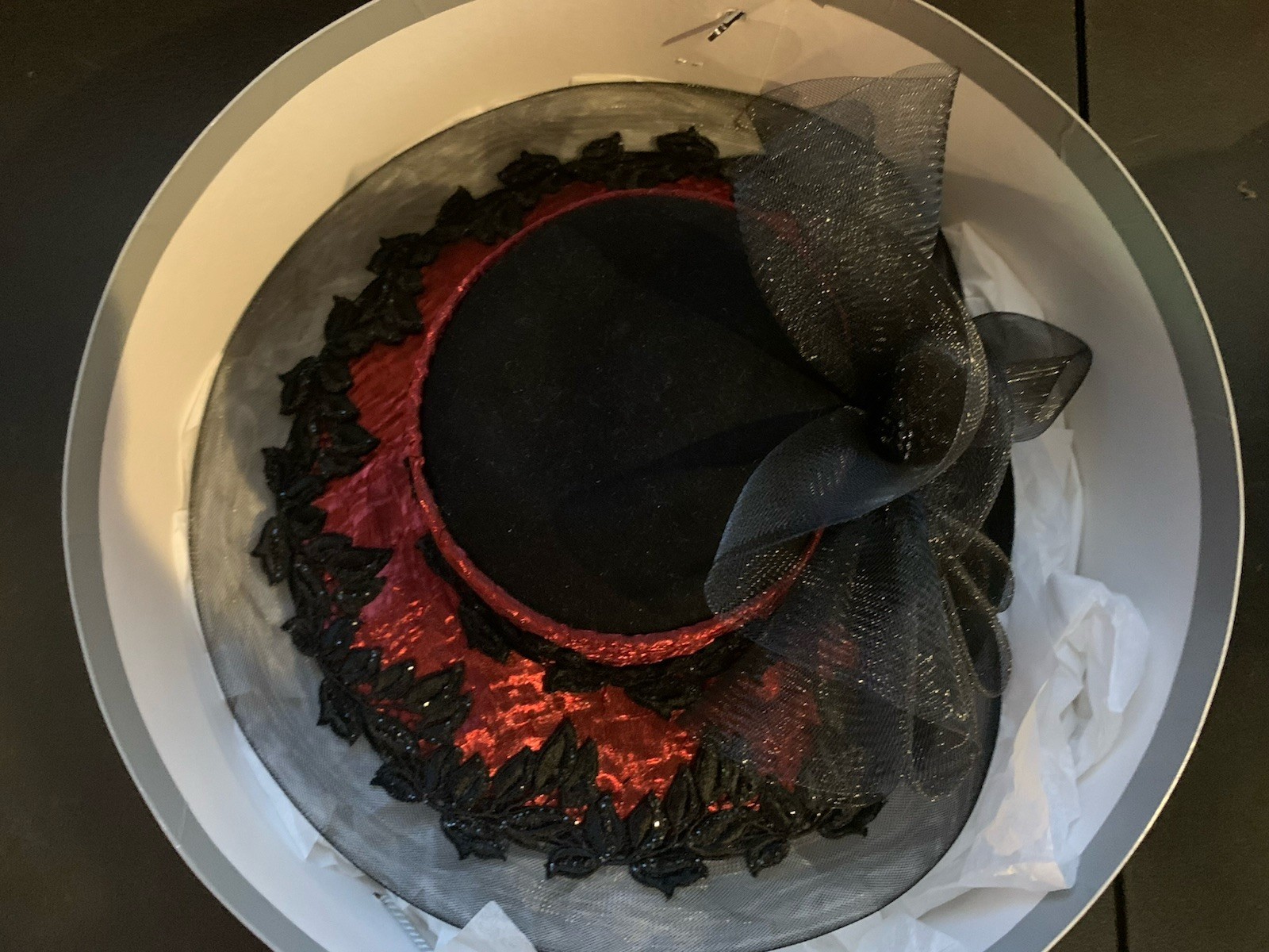 Mr. Song Millinery Hat Victorian Style Striking Red Texture Black Lace With Bow