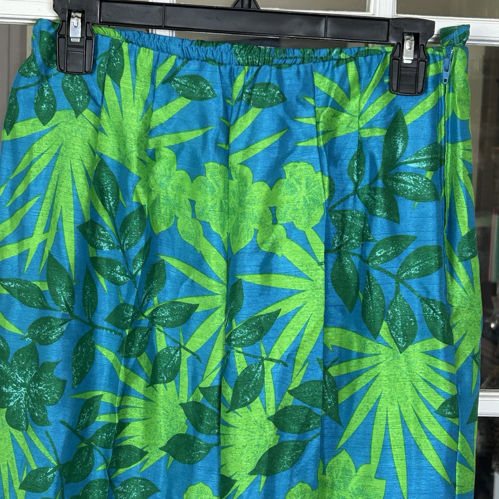Vintage 80s 90s Tropical Palm Leaf Plant Cropped Pants Size 10 Bold Green Blue