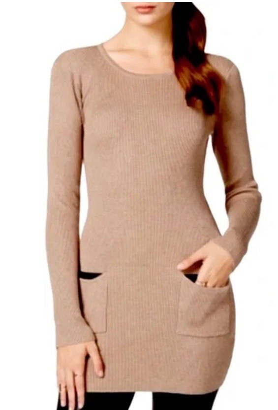 AGB A. Buyer Contrast Pocket Tan Tunic Sweater Dress – SIZE M – NWT Beige