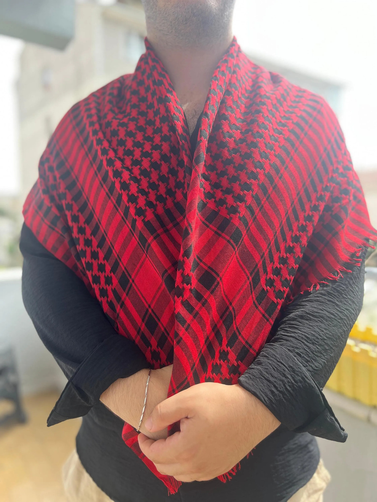 Authentic Red Black Cotton Keffiyeh Traditional Scarf Shawl Handmade Unique