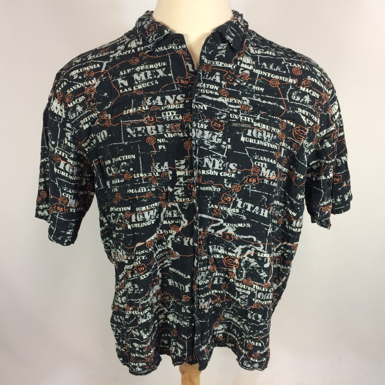 Vintage 80s 90s Harley Davidson Hawaiian Rayon Surf Beach Map Motorcycle Shirt