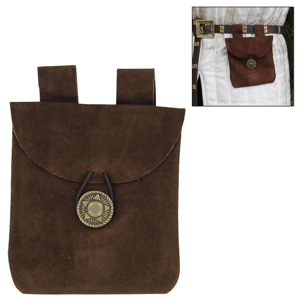 Medieval Renaissance Leather Brown Suede Coin Belt Pouch with Brass Accents
