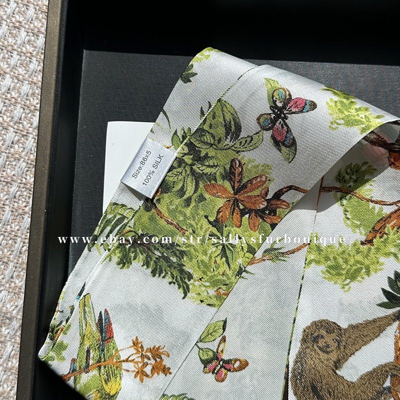 Sallys 100% Twill Silk Scarf Ribbon Jungle Print Bag Head Band Neck Tie 85x5cm