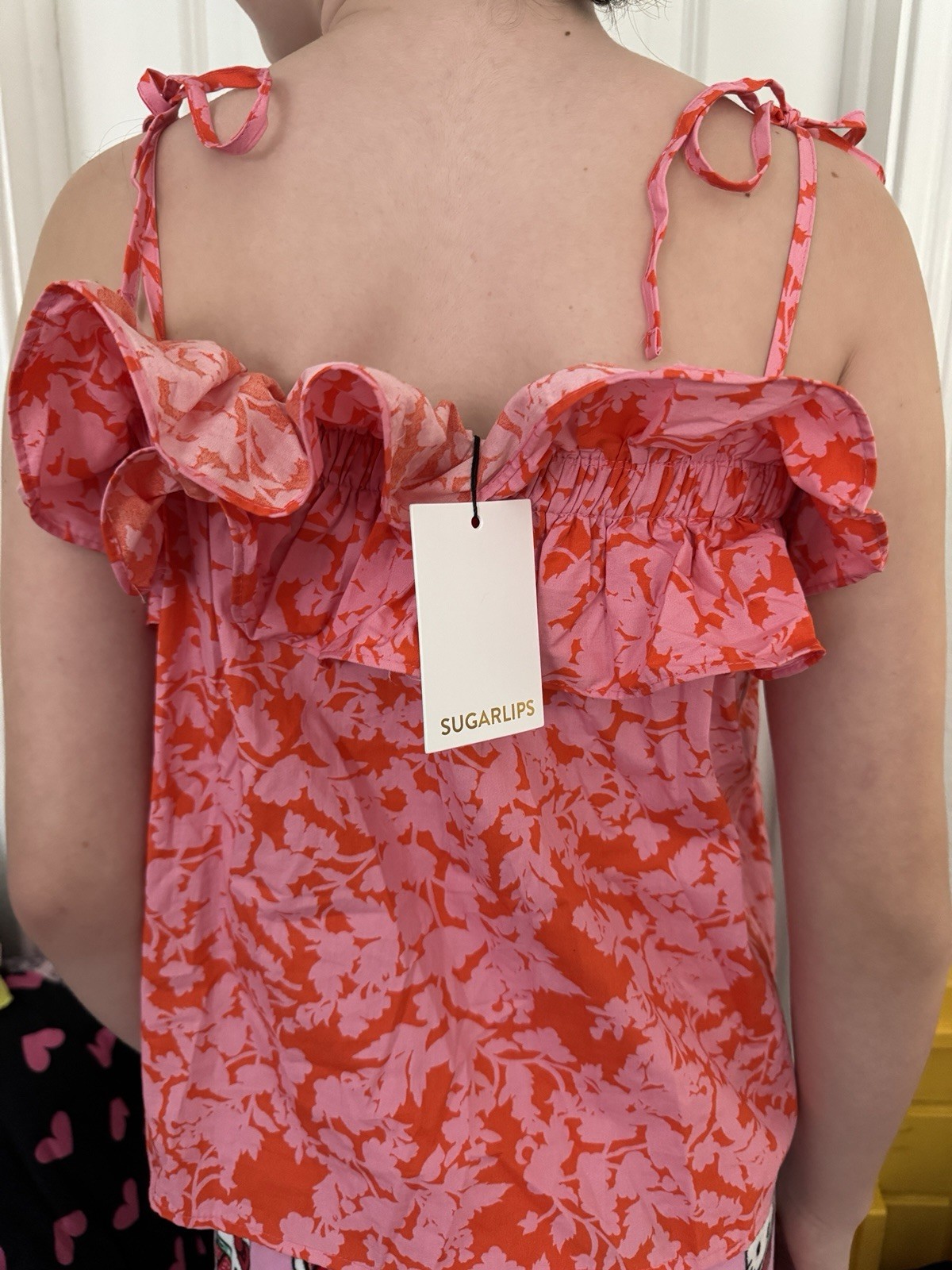SUGRALIPS Pink Orange Floral Ruffle Tie-Shoulder Camisole Blouse Size S