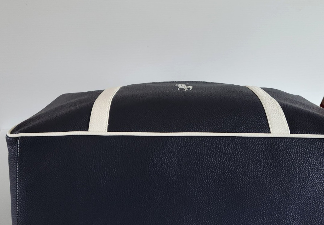 Ralph Lauren Fragrances POLO Navy Blue White Faux Leather Travel Duffle Bag NWT
