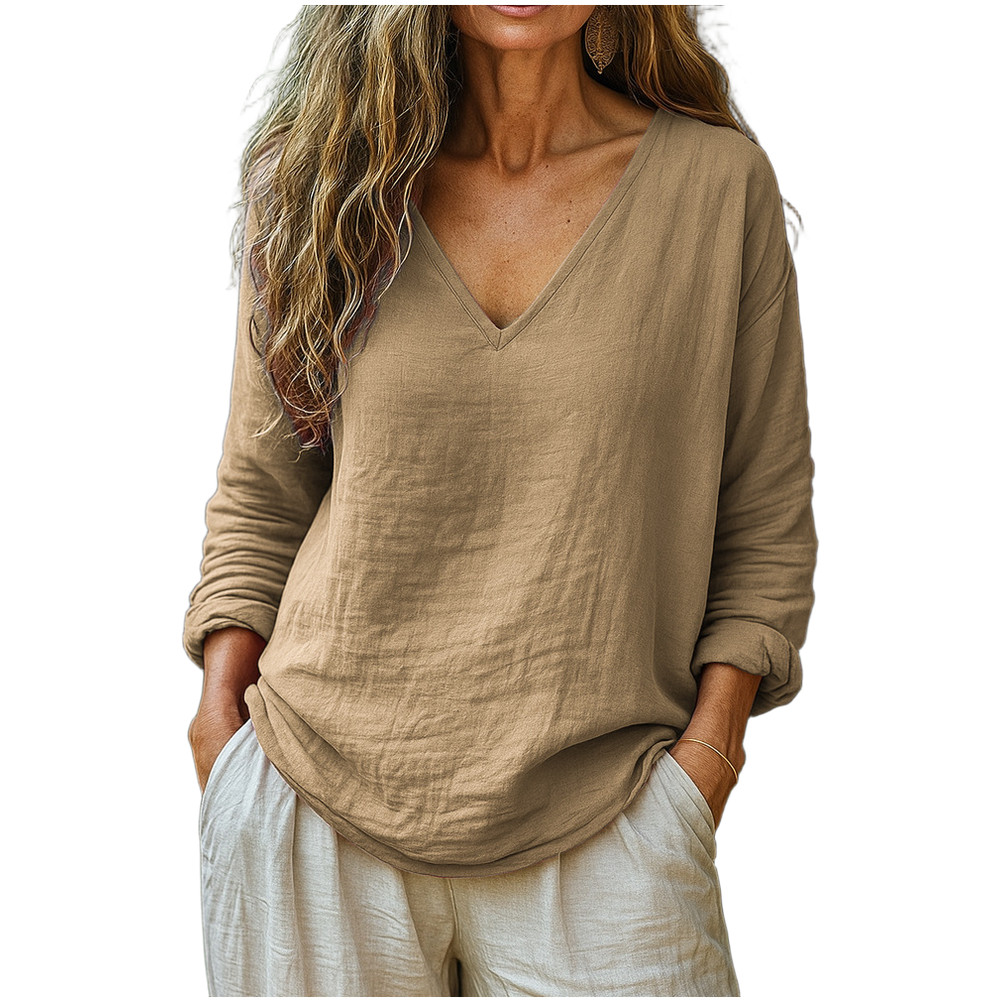Loose Fit Cotton Linen Blend Top Women’s V Neck Long Sleeve Autumn Casual Shirt