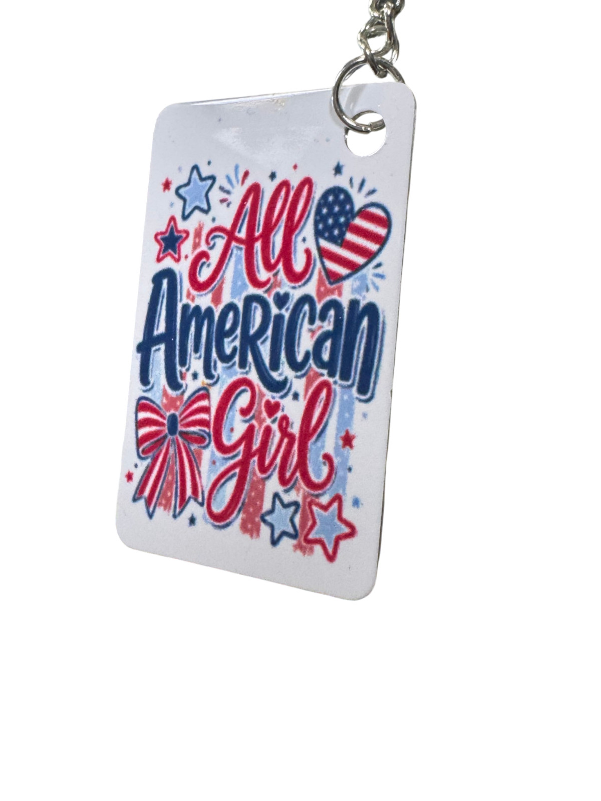 All American Girl Patriotic Metal Keychain, Red White and Blue USA Flag Design